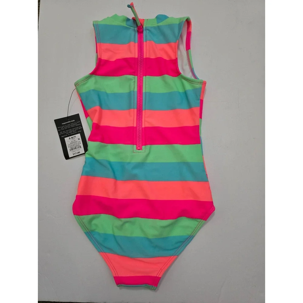 Art Class Girl Neon Striped One Piece Swimsuit UPF 50+ Zip Back Multicolor S 6-7